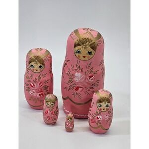 VINTAGE 1990 USSR Sergiev Posad 6" Pink Matryoshka Nesting Dolls Set 5 Hand made